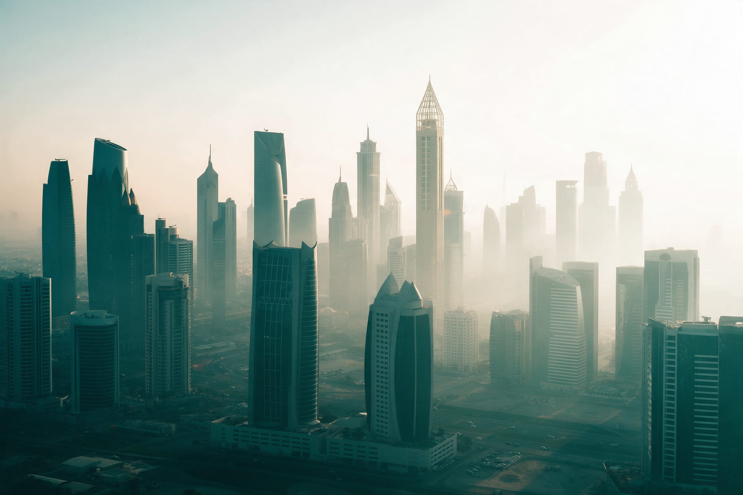 Dubai business district at sunrise