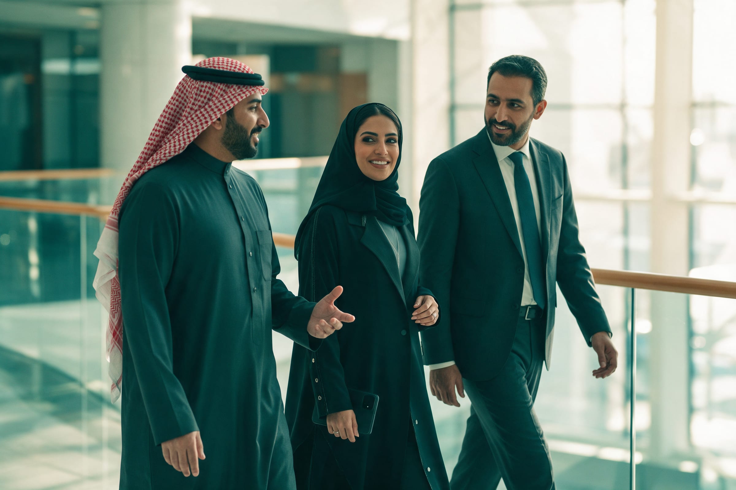 Consultants walking and talking through a modern office atrium