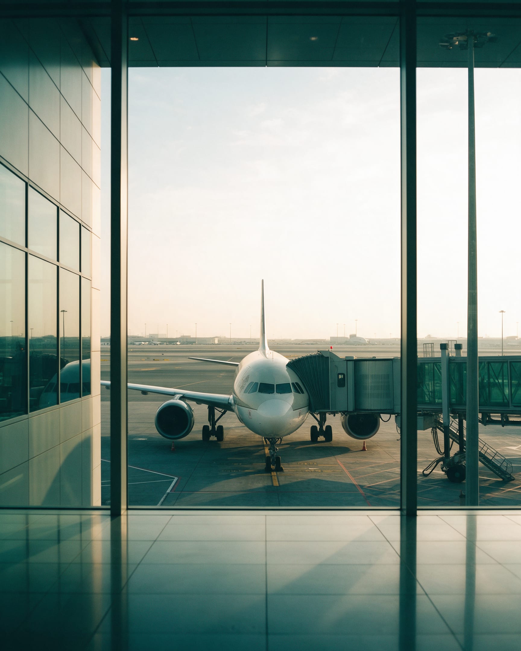 Aircraft at an airport gate seen through terminal windows