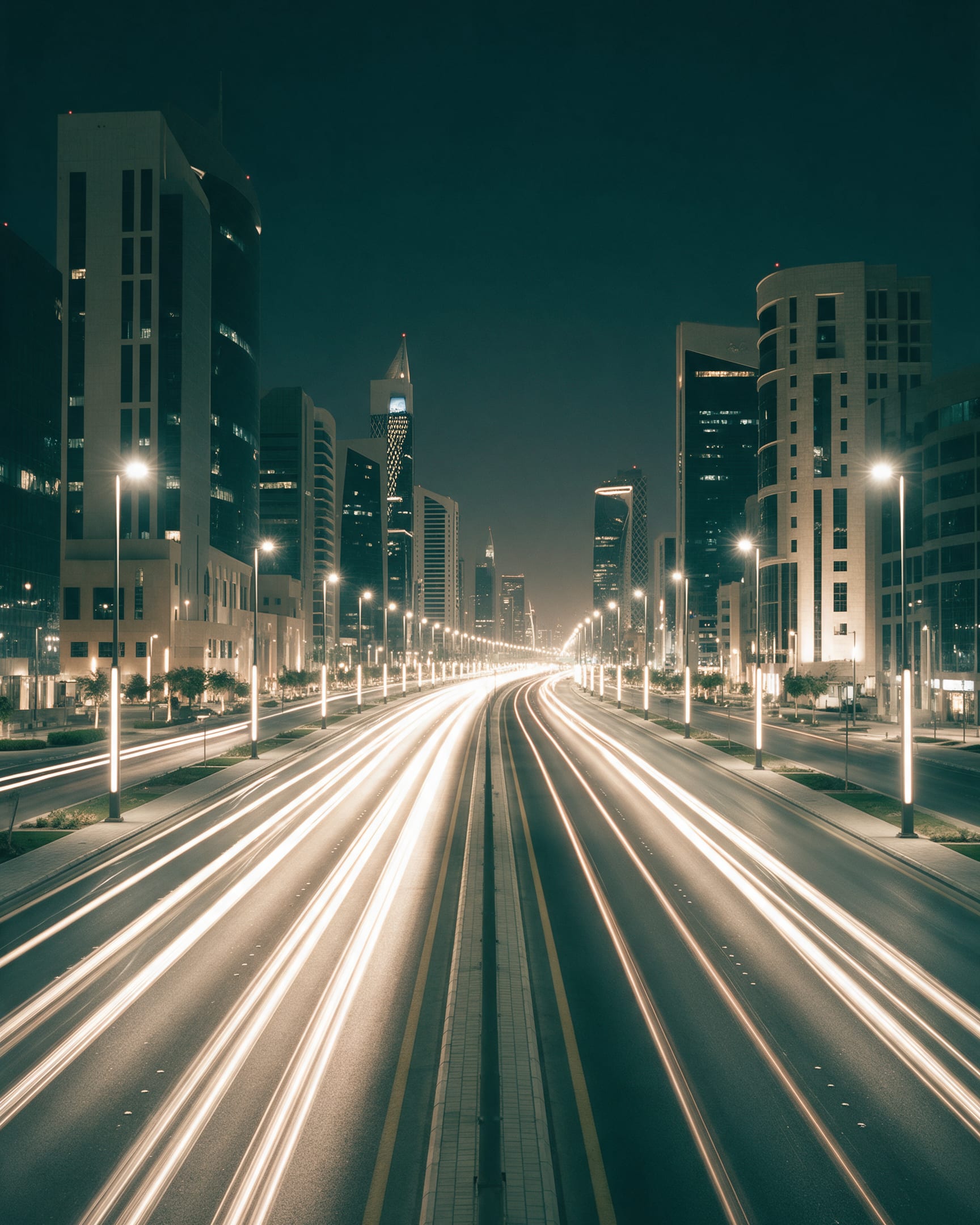 Riyadh boulevard at night with streetlights and light trails