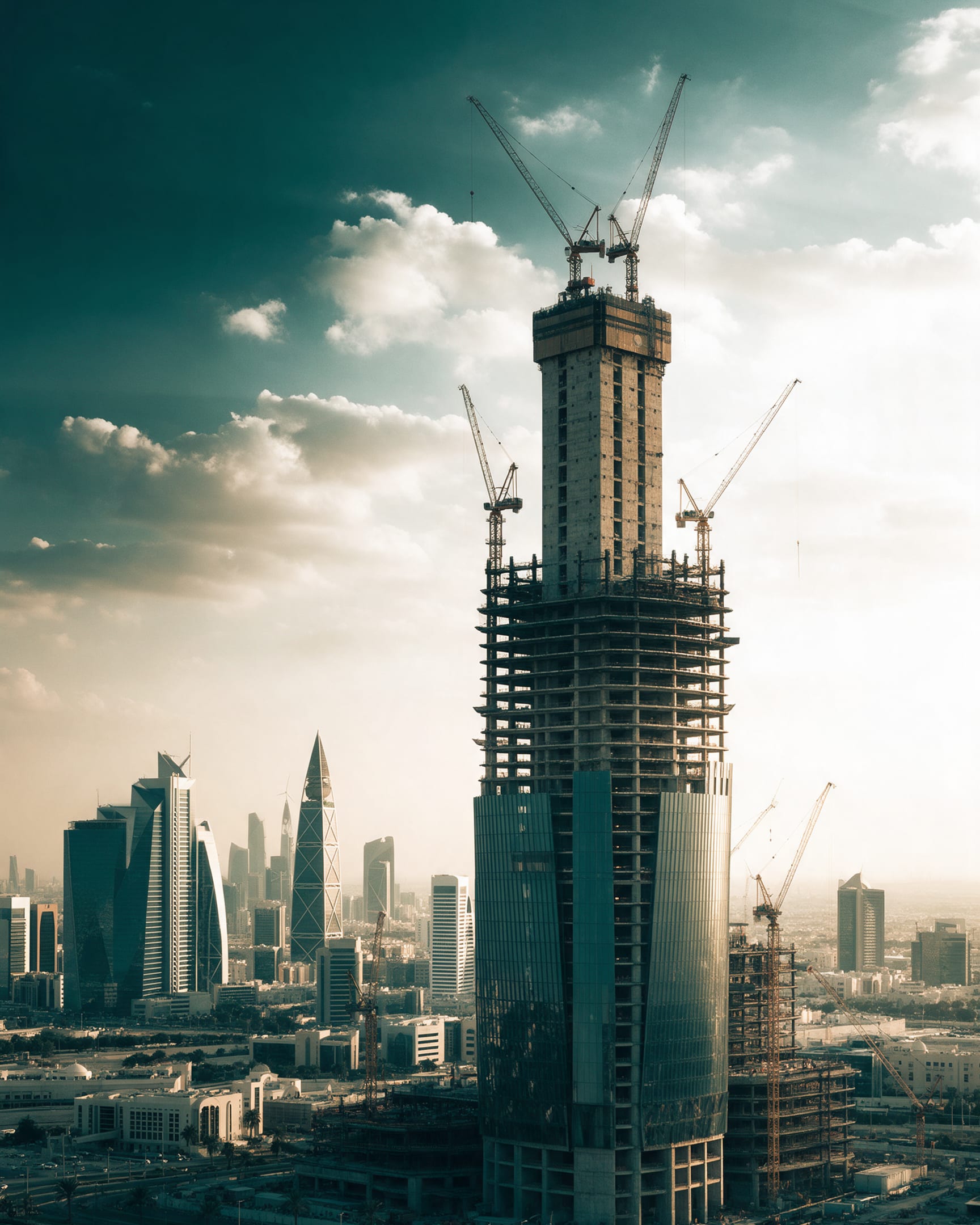 Skyscraper construction with cranes at golden hour