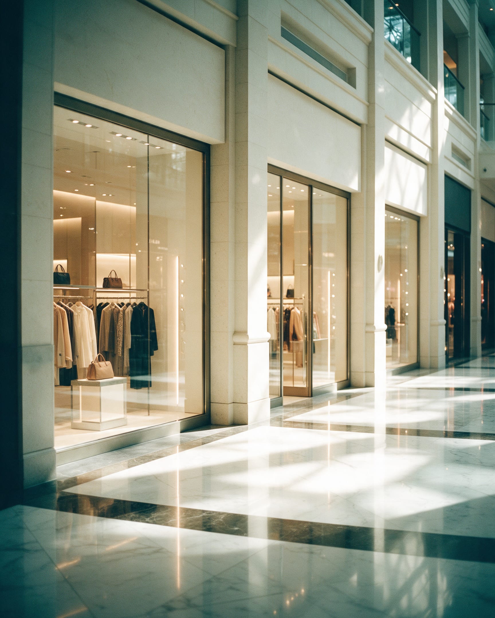 Luxury mall storefronts with lit window displays