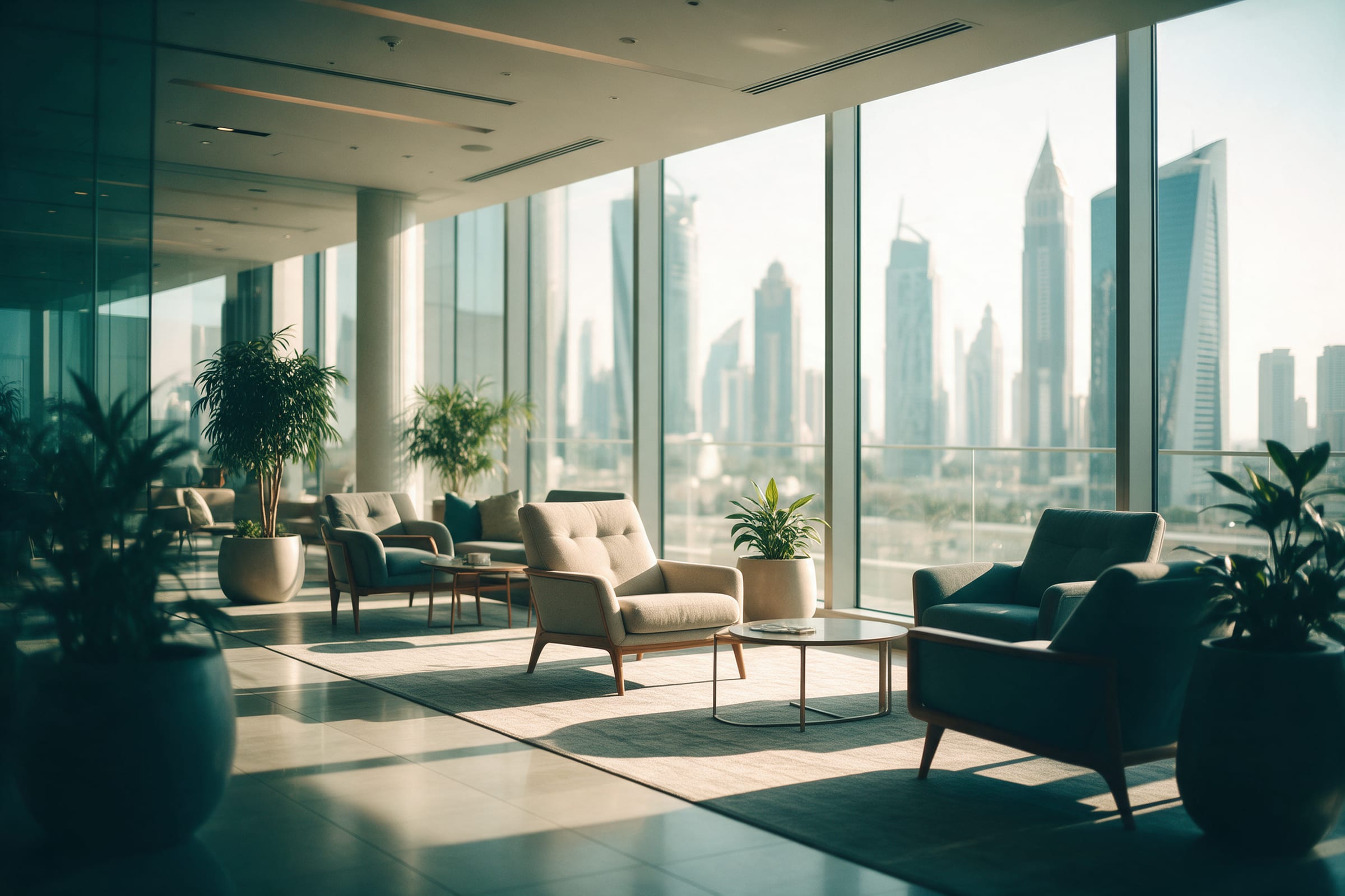 Reception lounge of a modern office with a city view