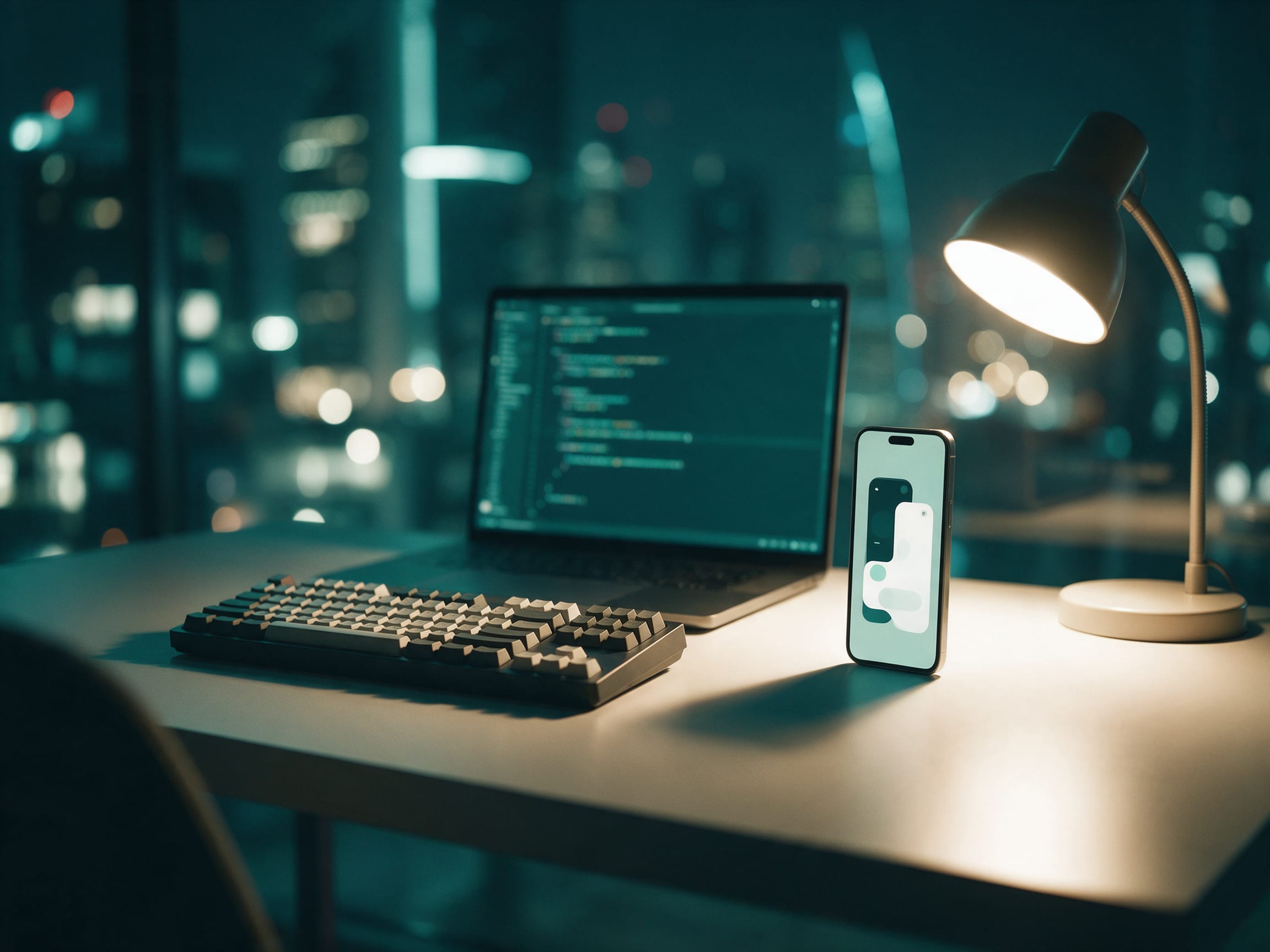 Developer's desk with a laptop showing code and a smartphone prototype