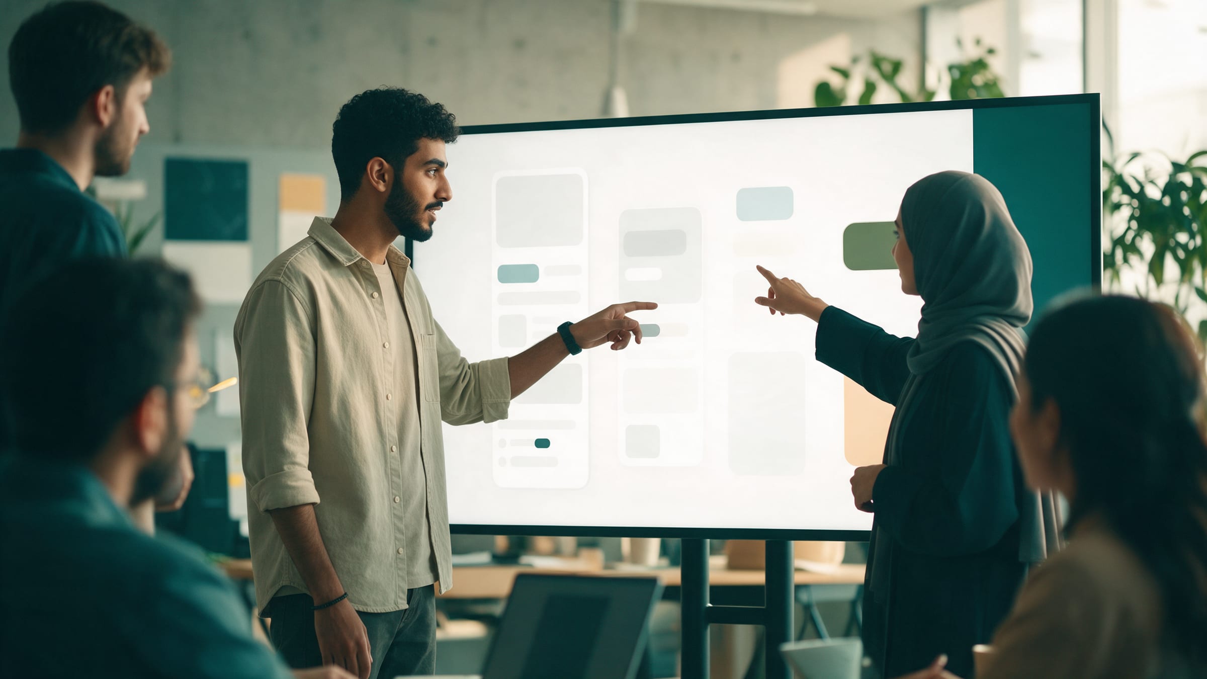 Product team collaborating on mobile app wireframes in a bright studio