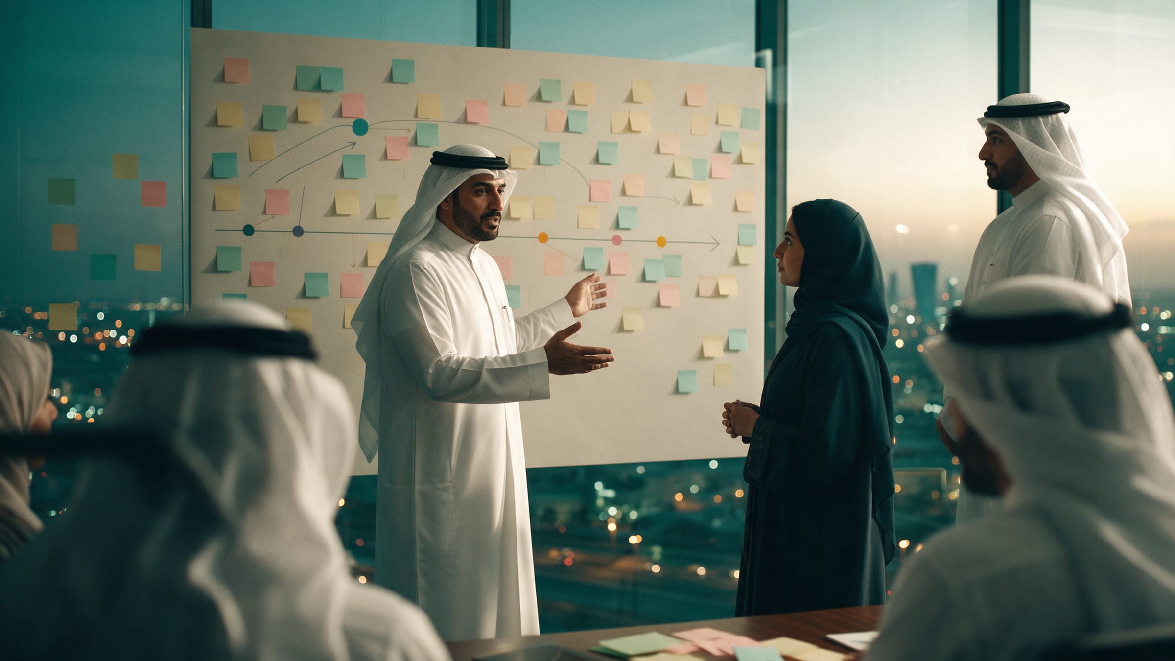 Leadership team reviewing a transformation roadmap in a boardroom above Riyadh at dusk