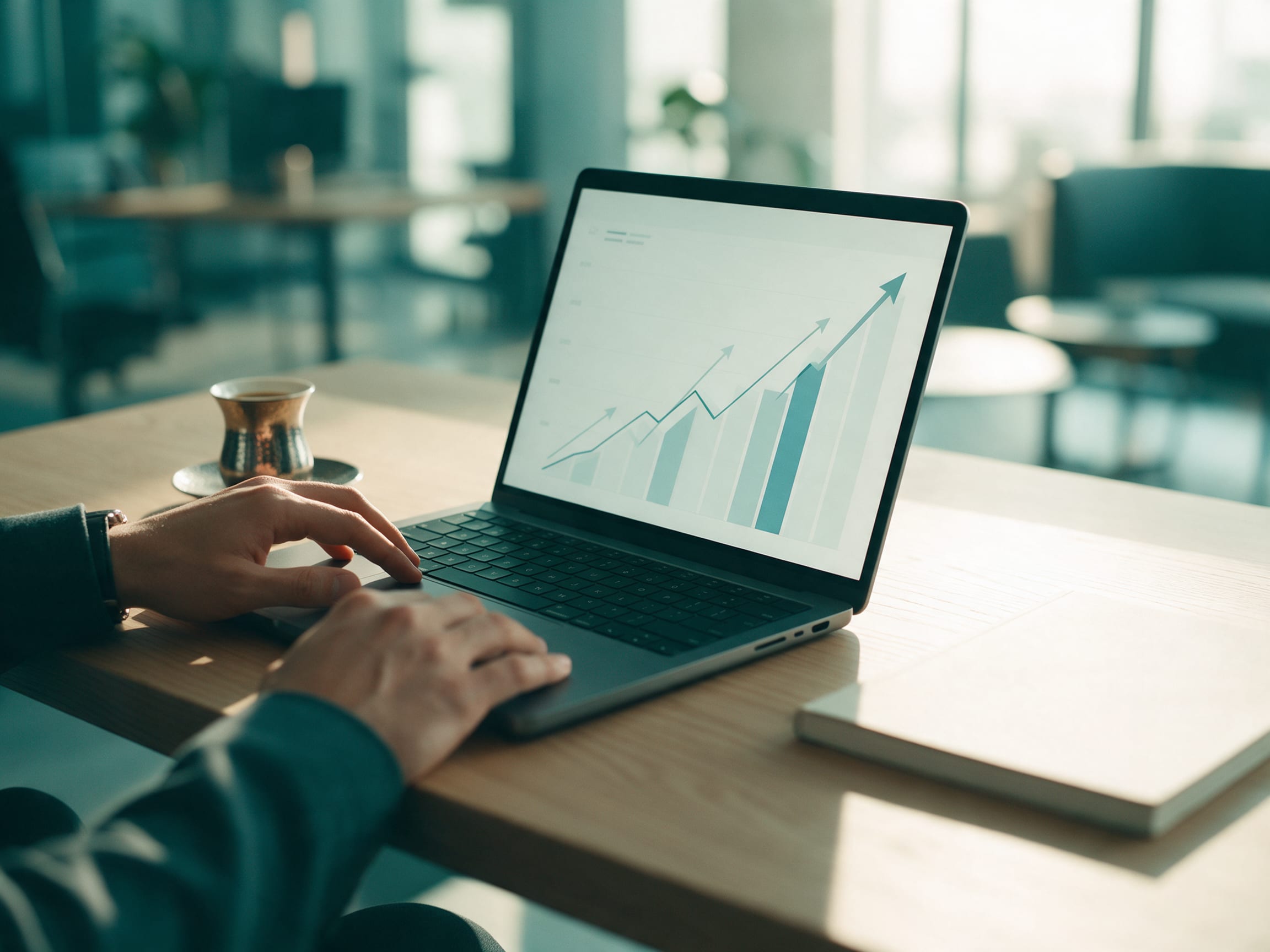 Marketer's hands on a laptop showing an analytics dashboard beside a coffee