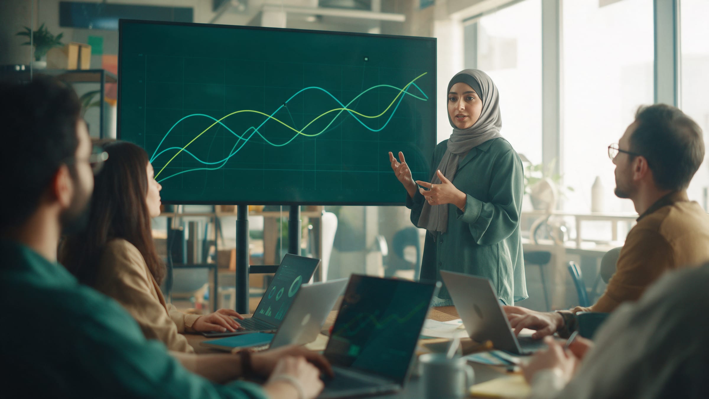 Marketing team reviewing campaign performance on a large screen