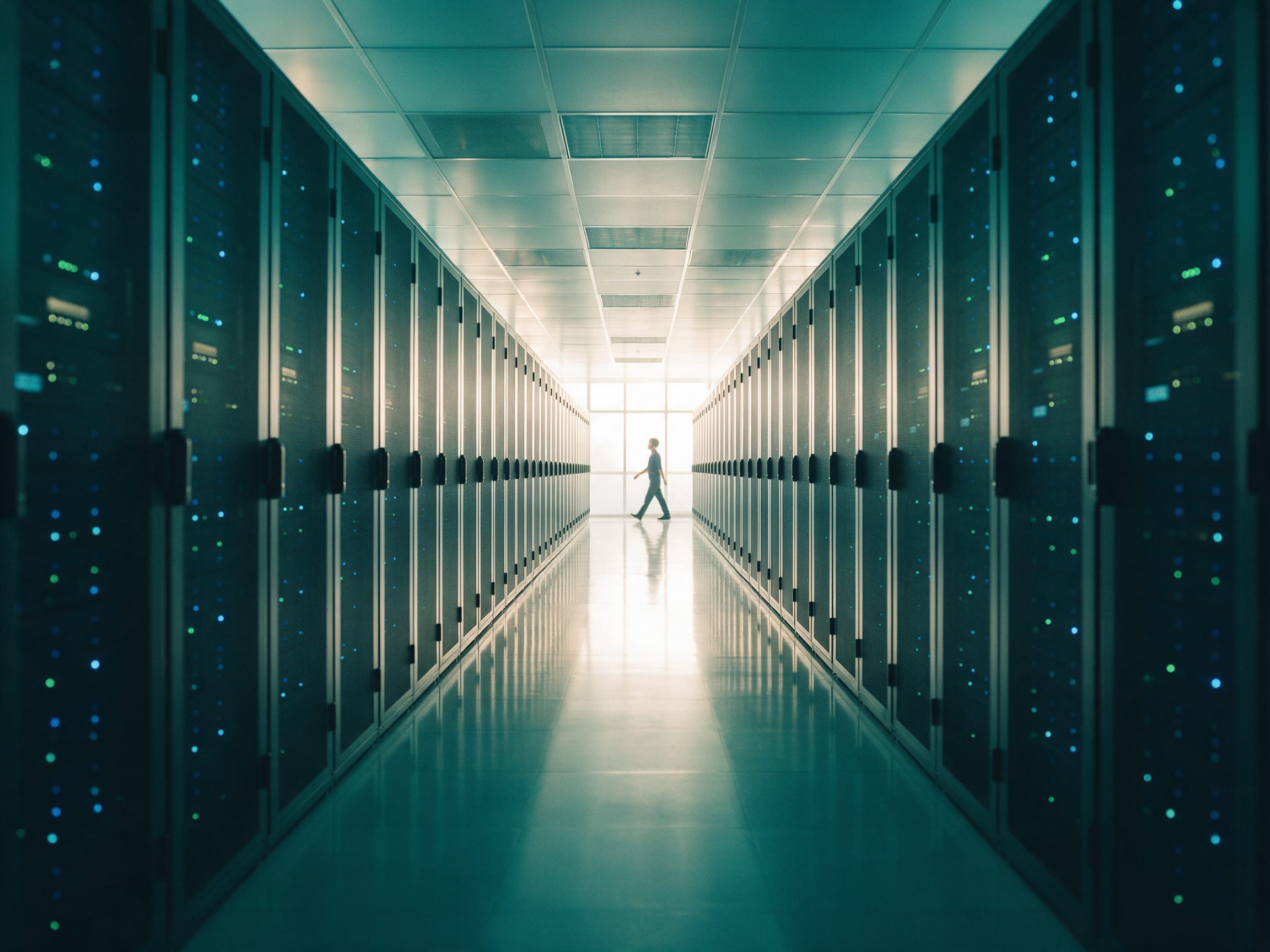 Long aisle of server racks in a modern cloud data center