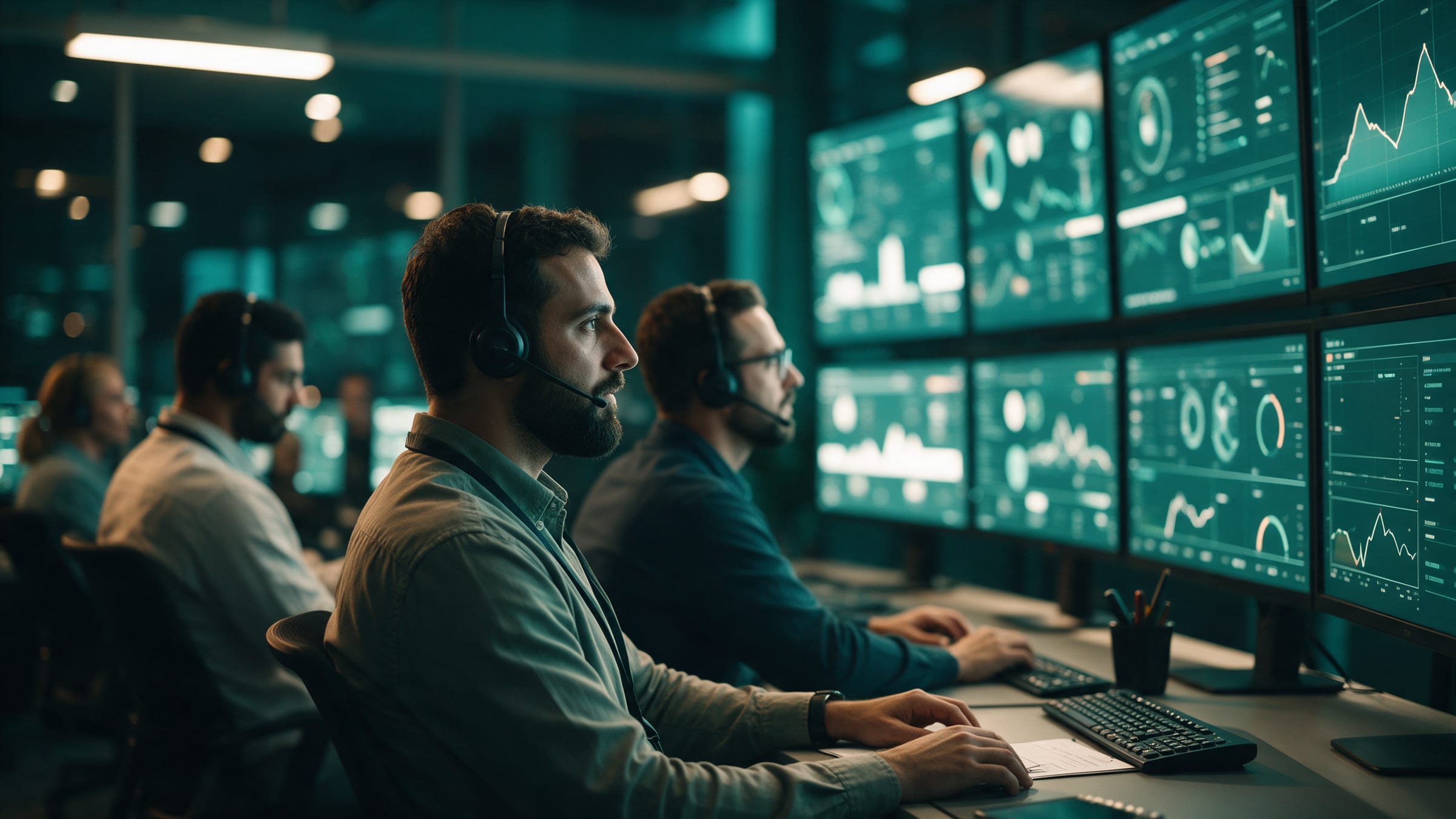 Engineers monitoring systems in a network operations center at night