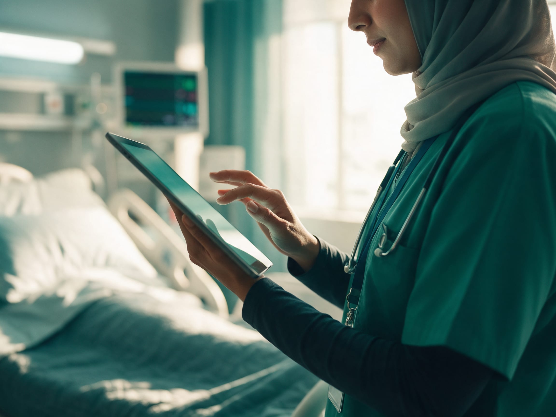 Nurse updating an electronic medical record on a tablet at a bedside