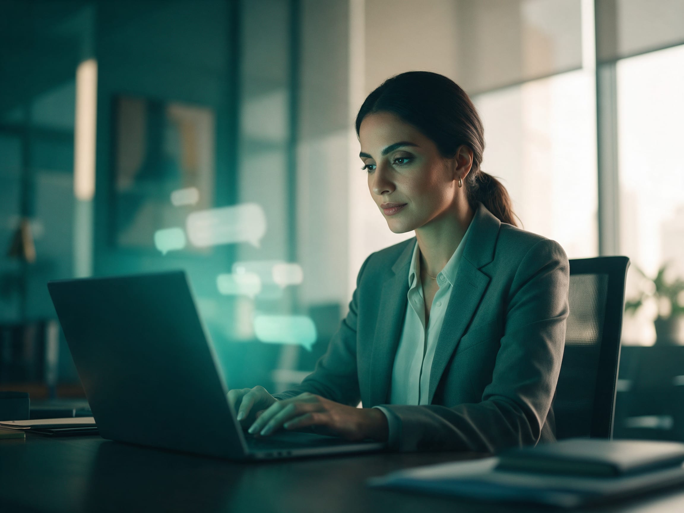 Professional using a conversational AI assistant on a laptop