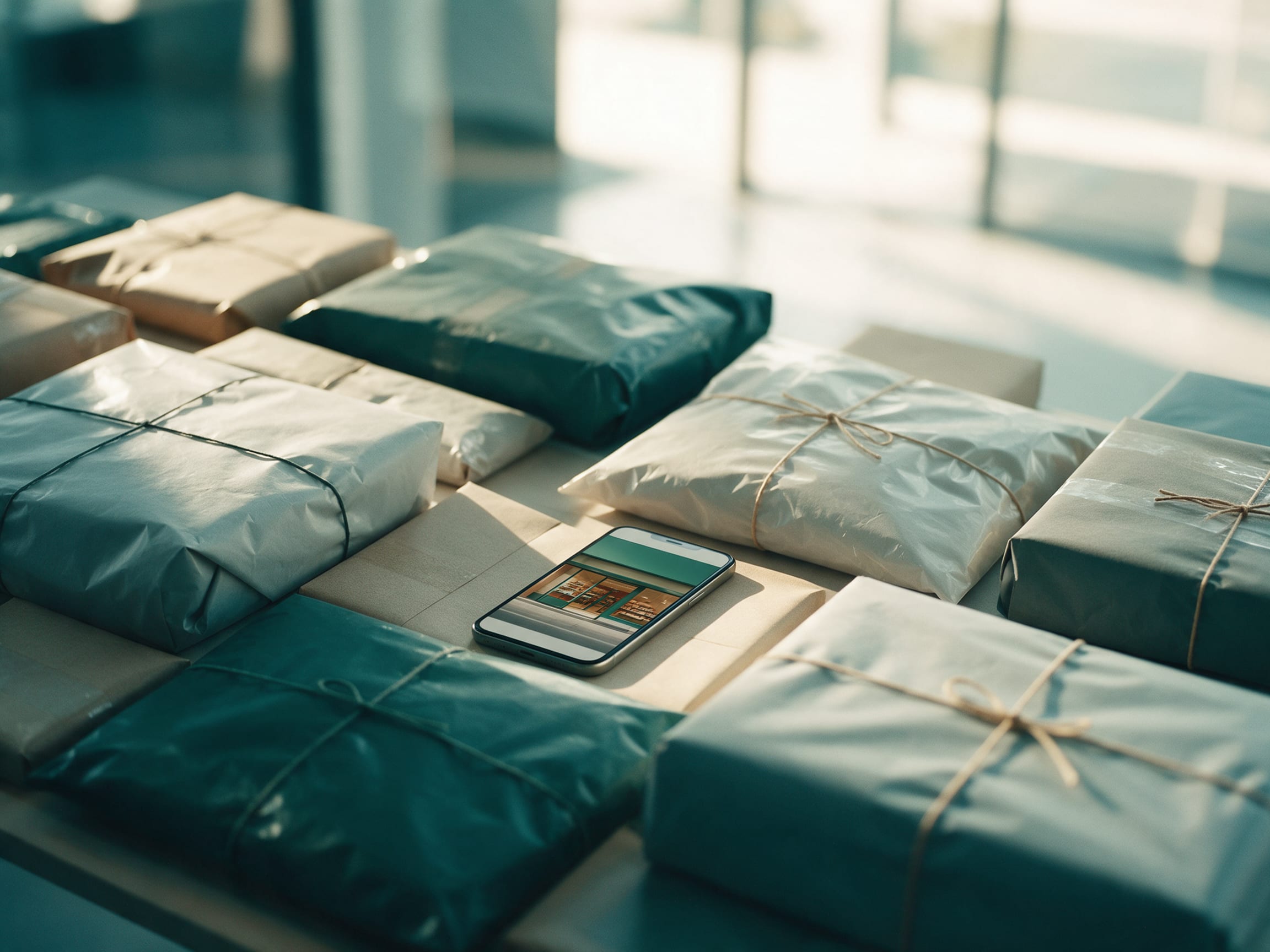 Wrapped online orders on a packing table beside a smartphone showing a storefront