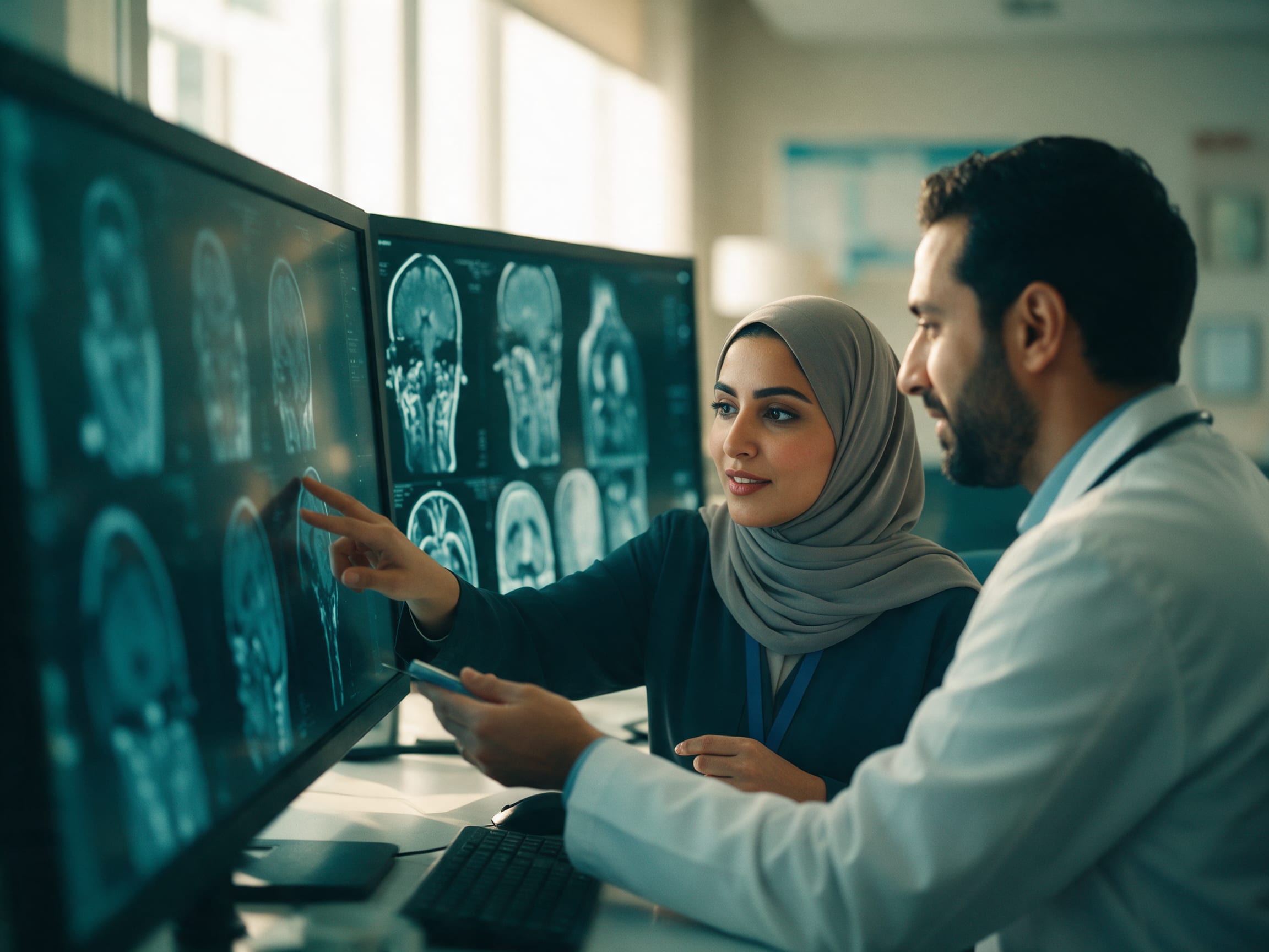 Approvals officer and doctor reviewing medical scans on screens