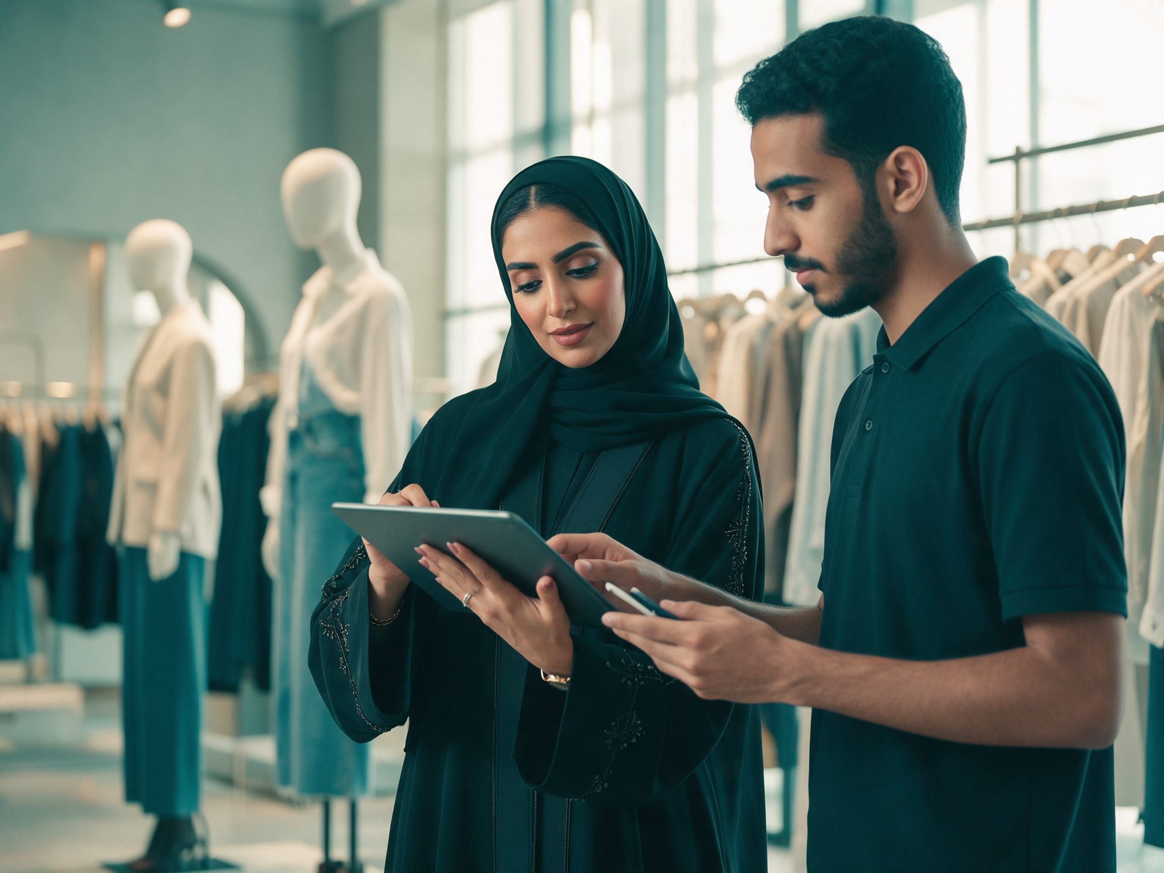 Store manager and staff member reviewing tasks on a tablet in a fashion store