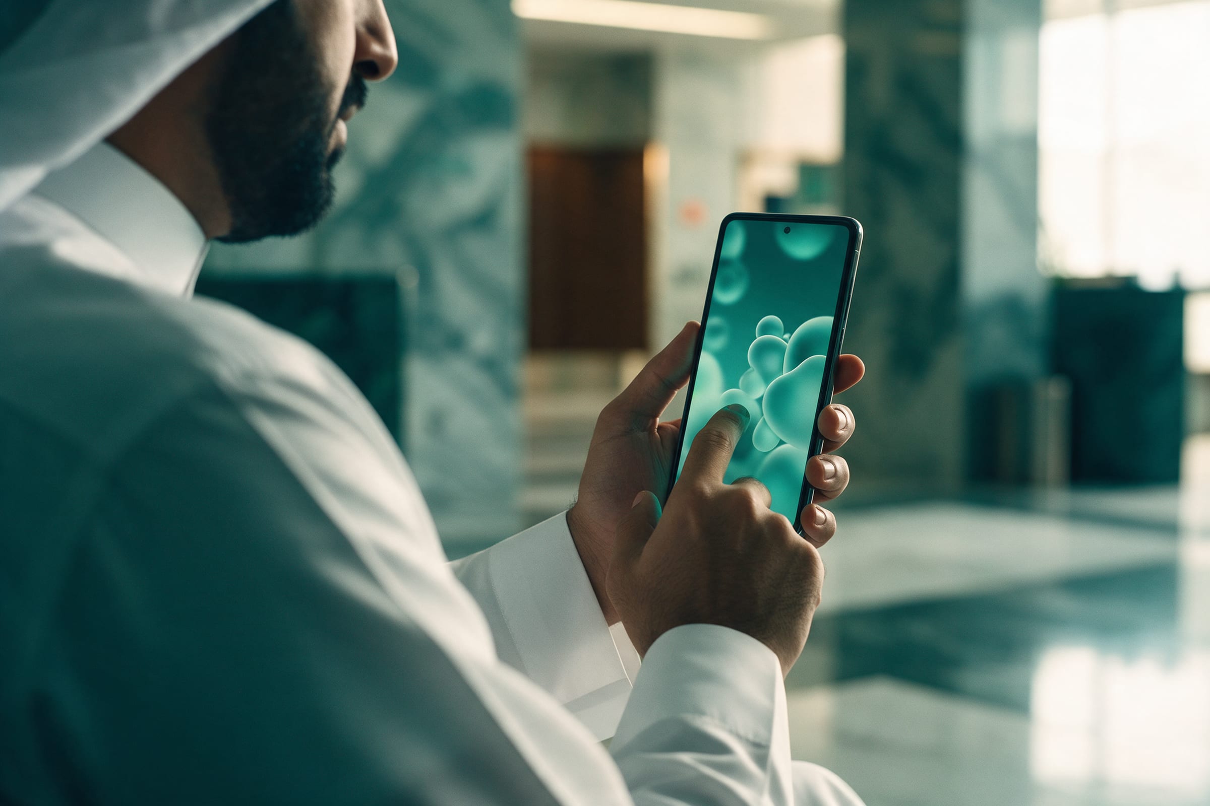 Man in a thobe using a banking assistant on a smartphone in a bank lobby