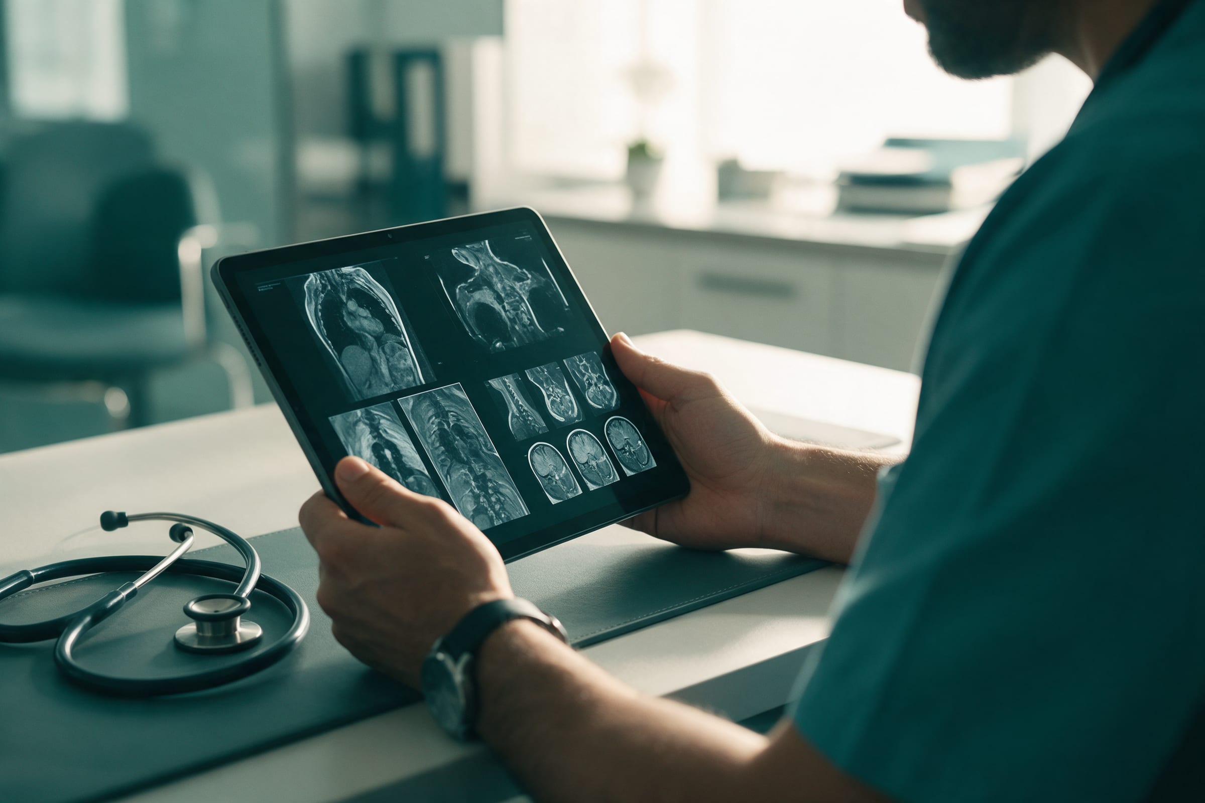Physician reviewing MRI scans on a tablet beside a stethoscope