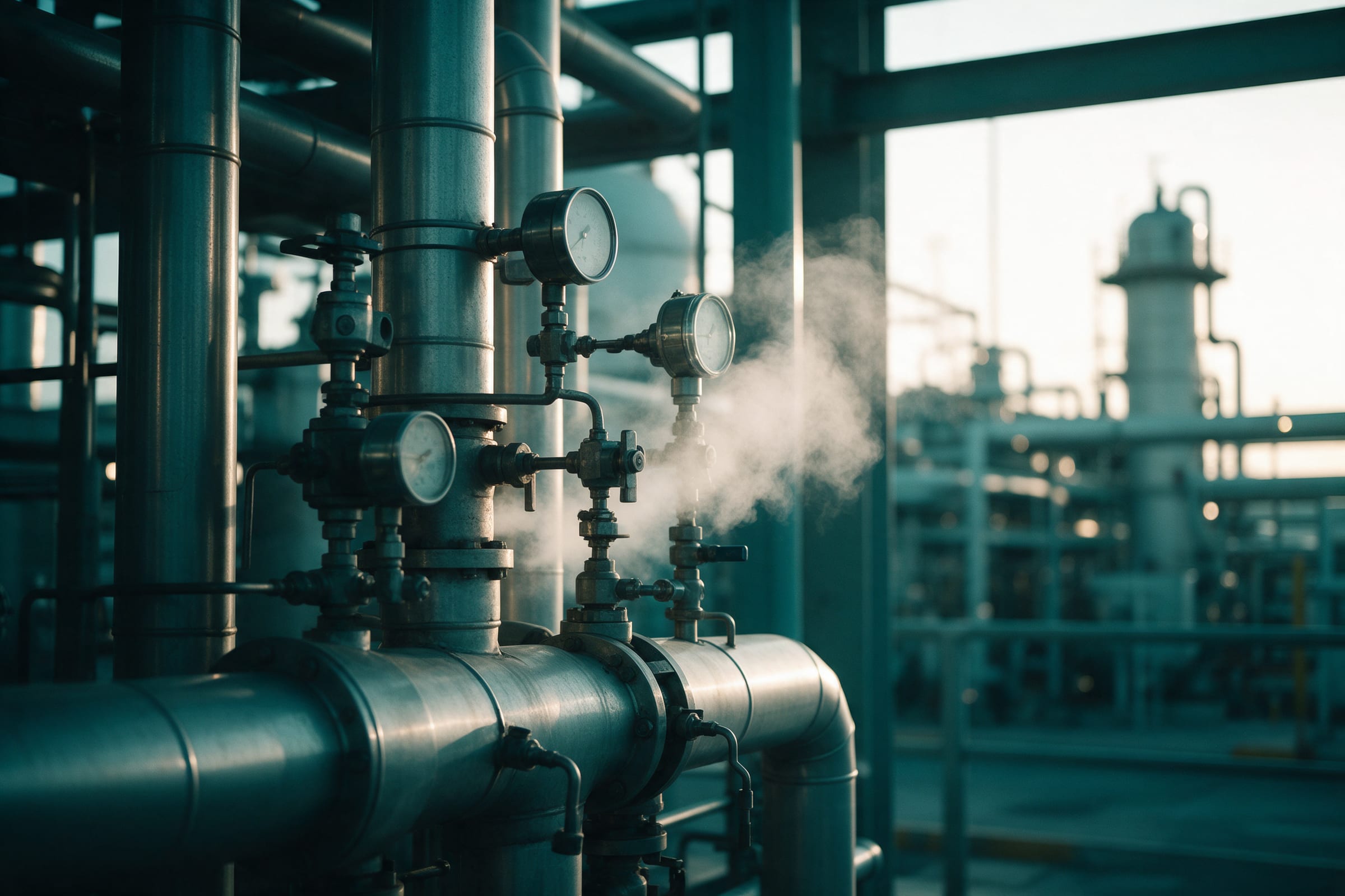 Steam, pipes and pressure gauges in a chemical plant at dusk