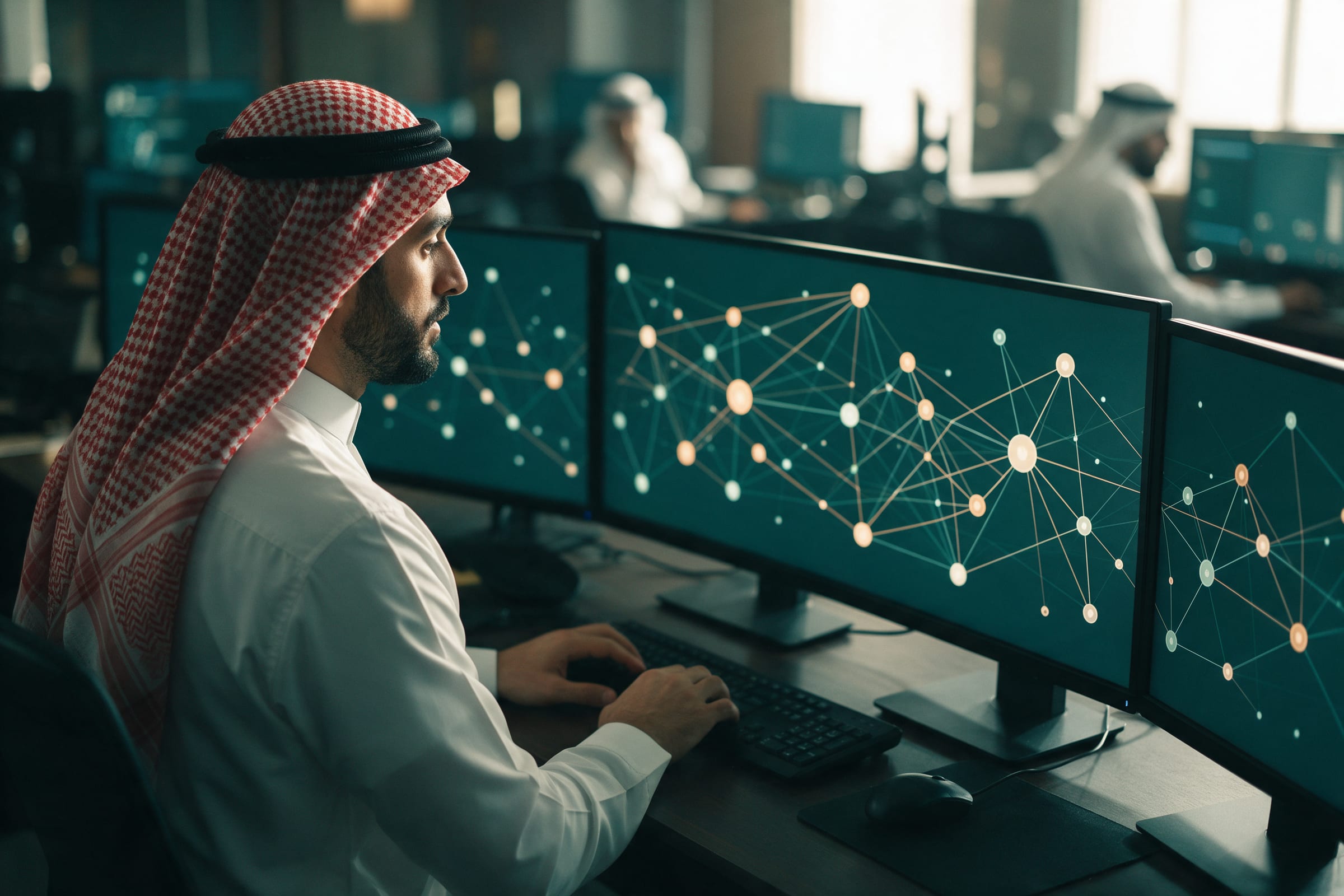 Financial analyst reviewing a transaction network on several monitors