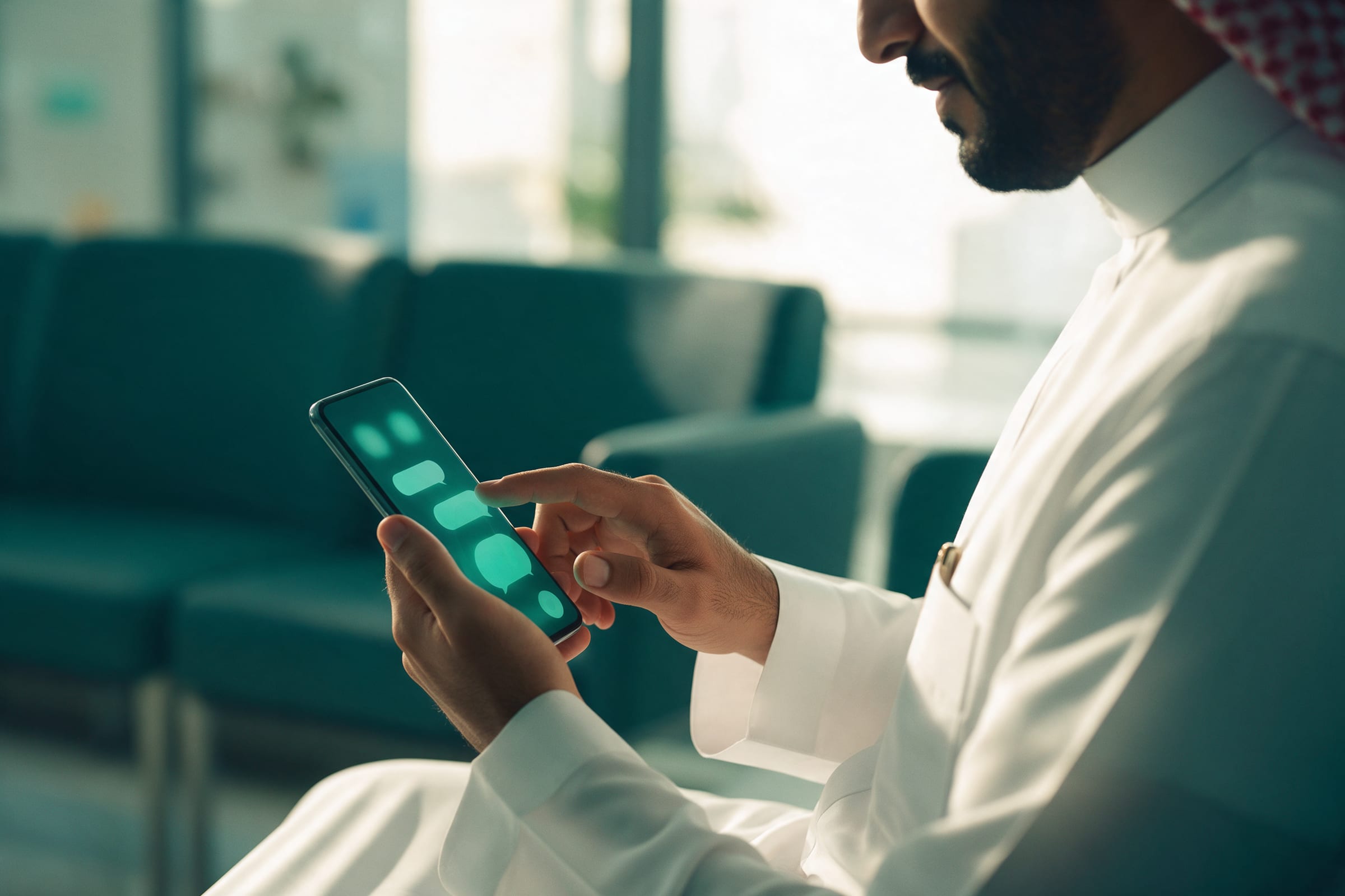 Patient in a thobe messaging a hospital assistant on a smartphone in a waiting area