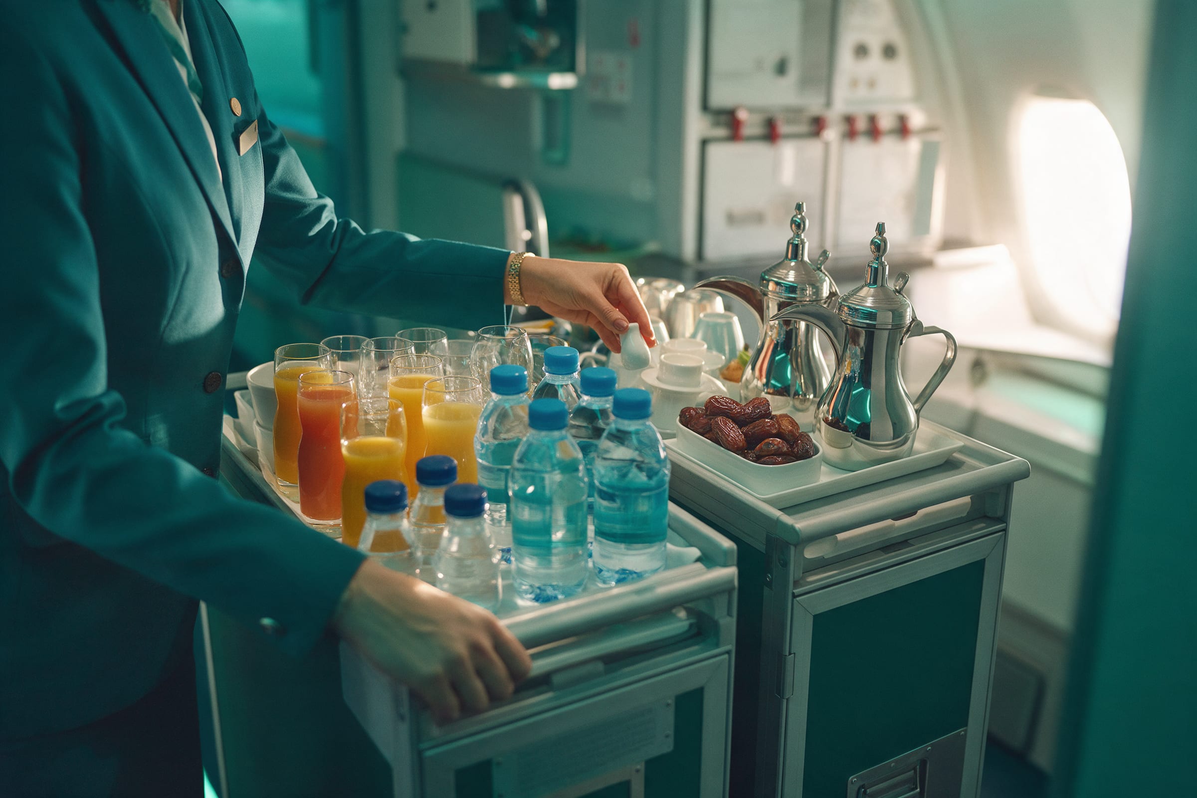 Cabin crew member arranging juices, water, dates and Arabic coffee on a galley trolley