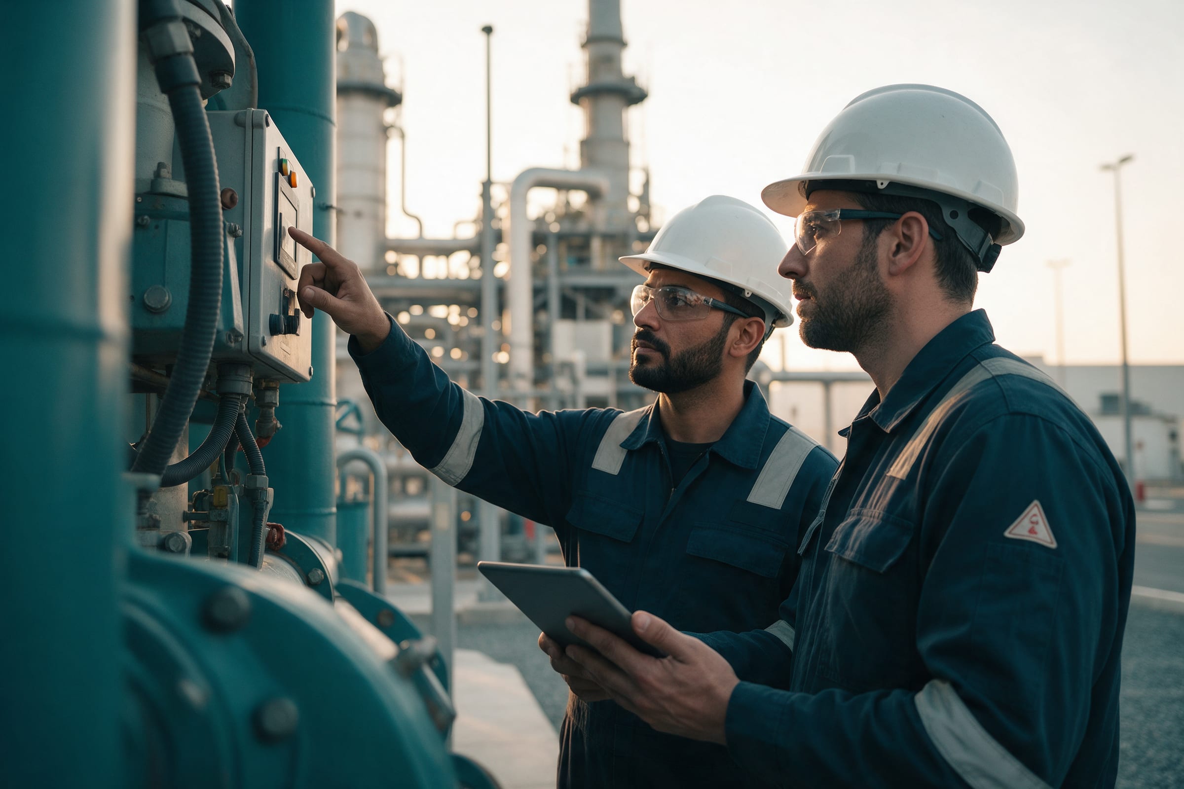 Two technicians in hard hats checking plant equipment with a tablet
