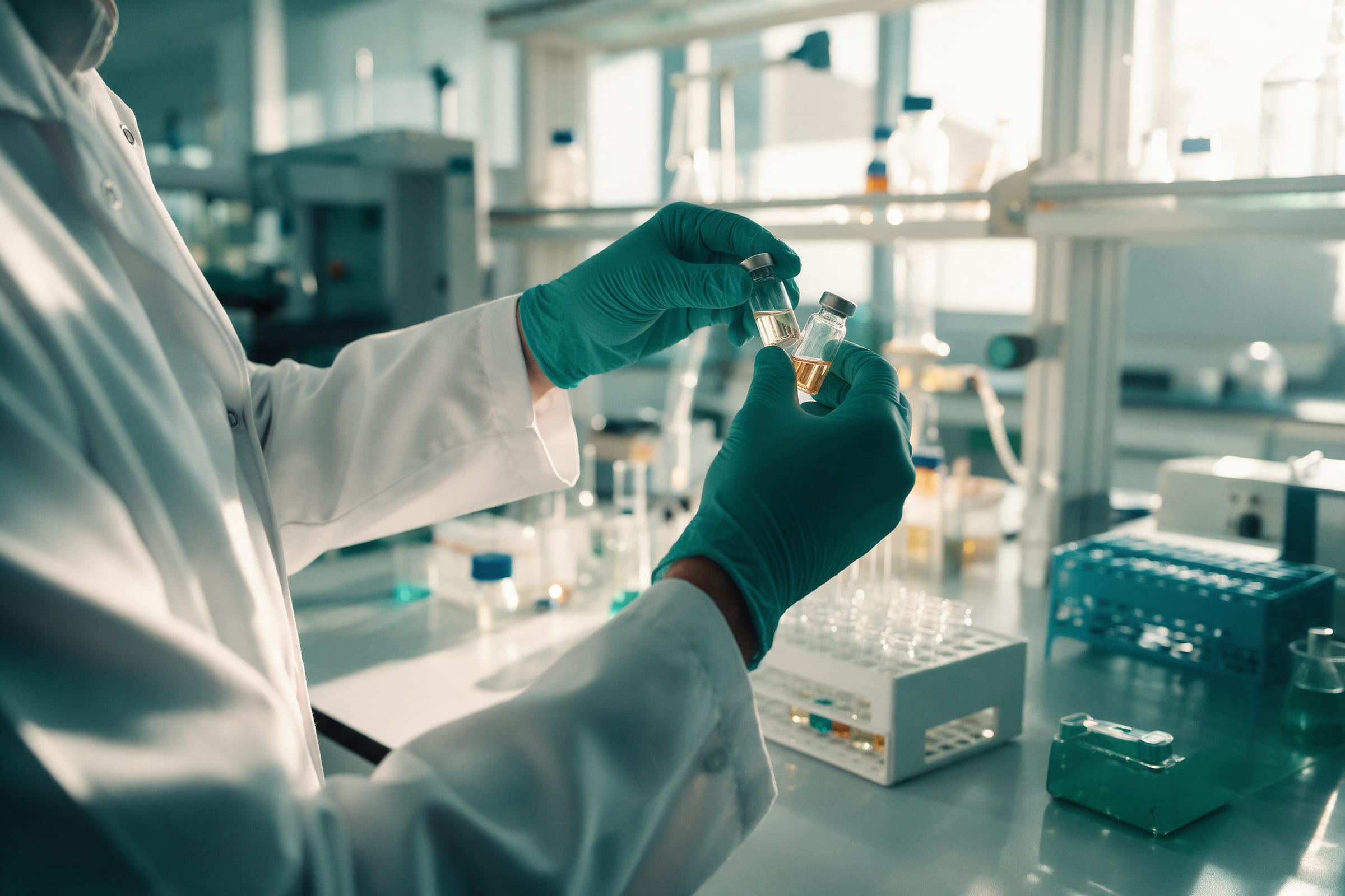 Scientist in gloves inspecting sample vials in a quality control lab