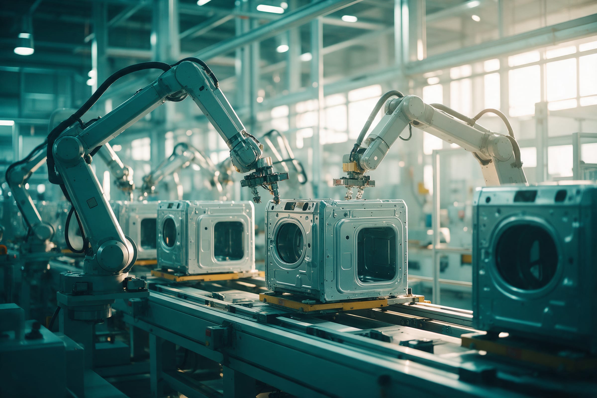 Robotic arms assembling washing machine housings on an automated line