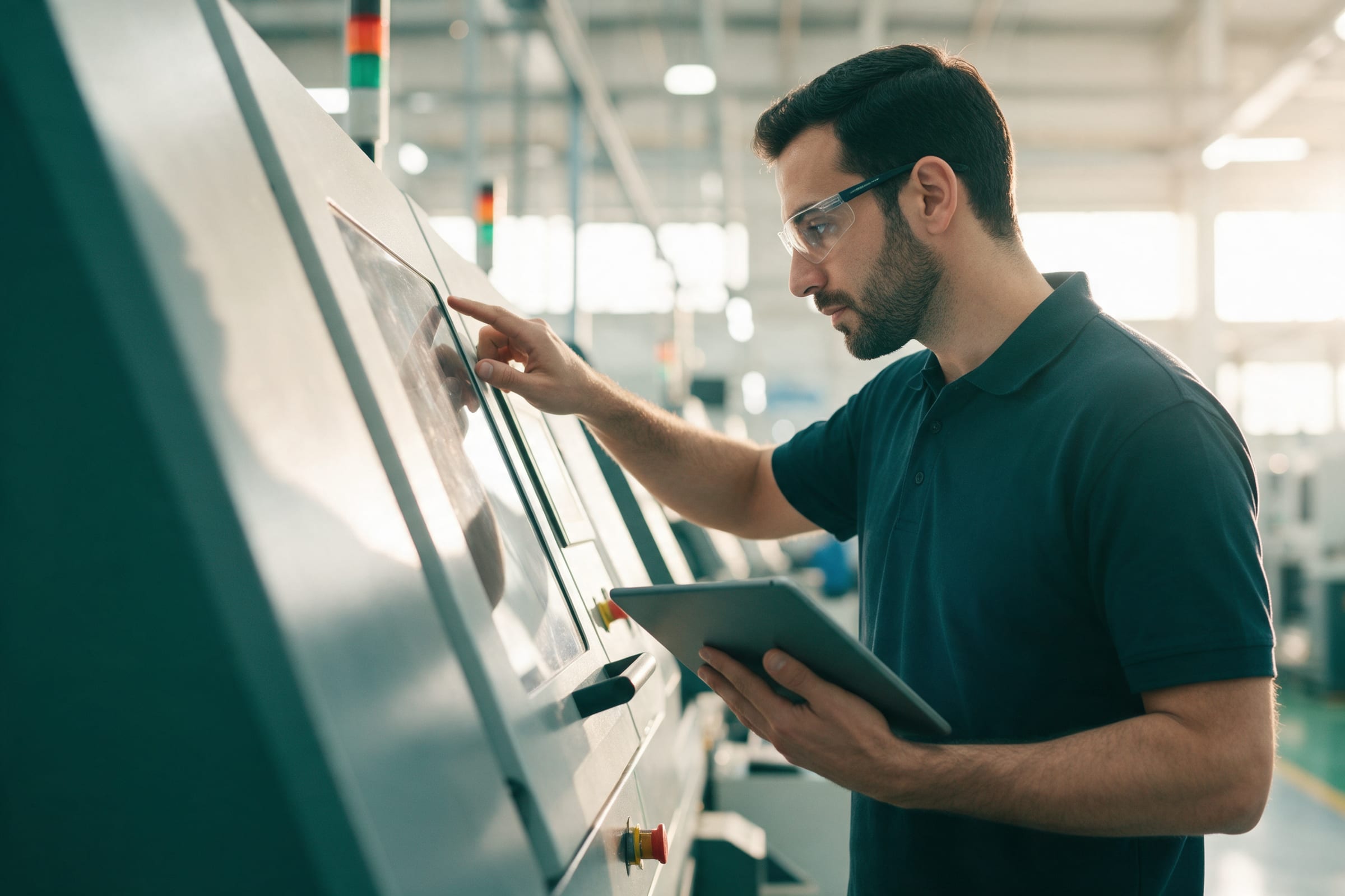 Technician checking a machine control panel with a tablet on a production line