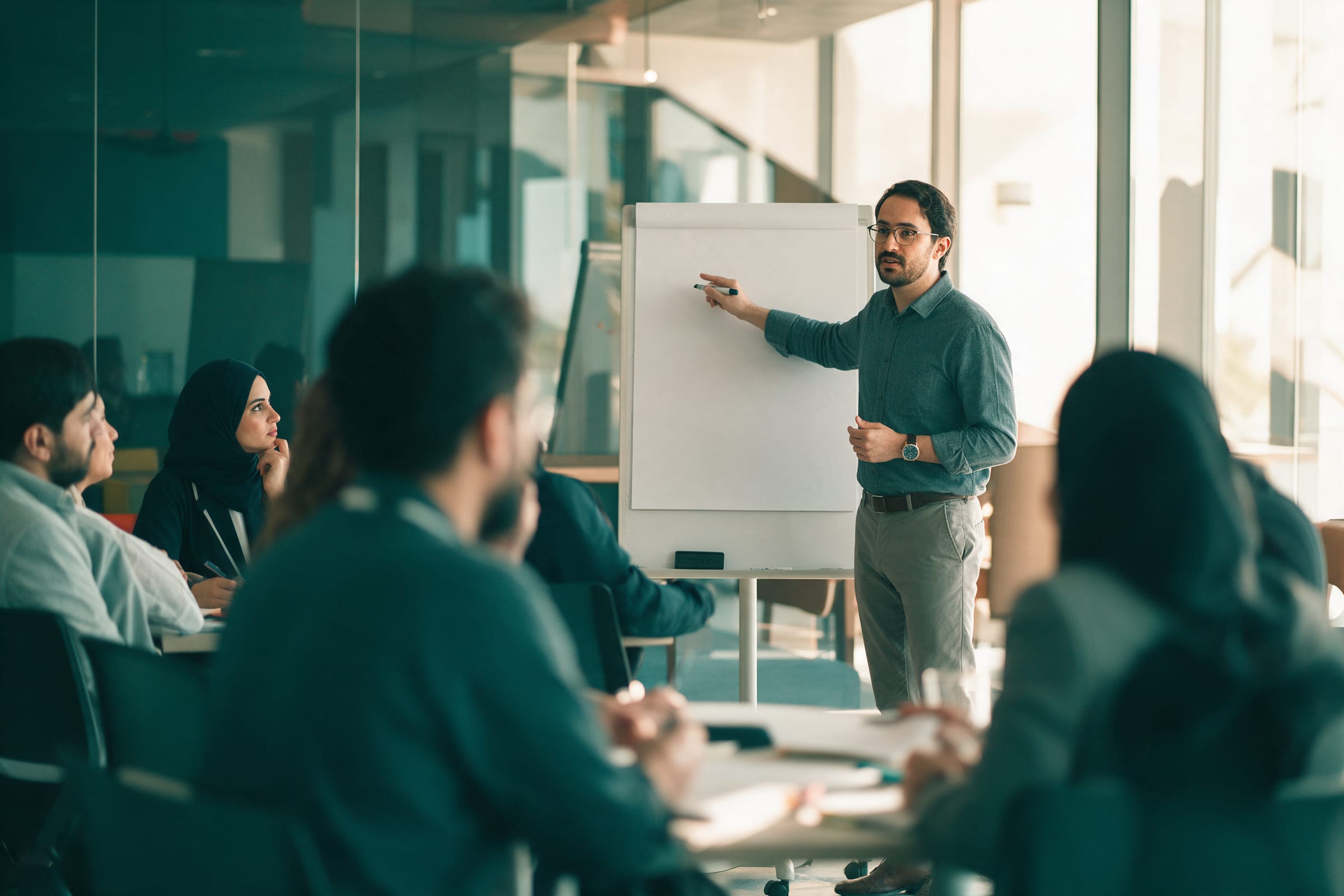 Employees in a training session at a corporate learning center