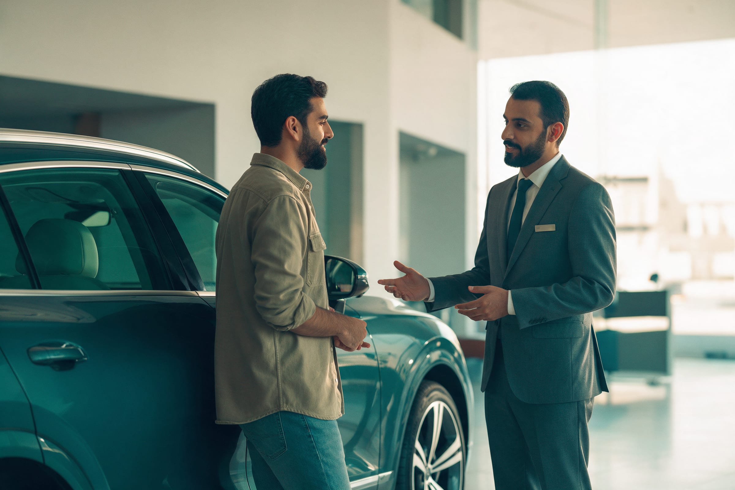 Customer talking with a sales advisor beside an SUV in a car showroom